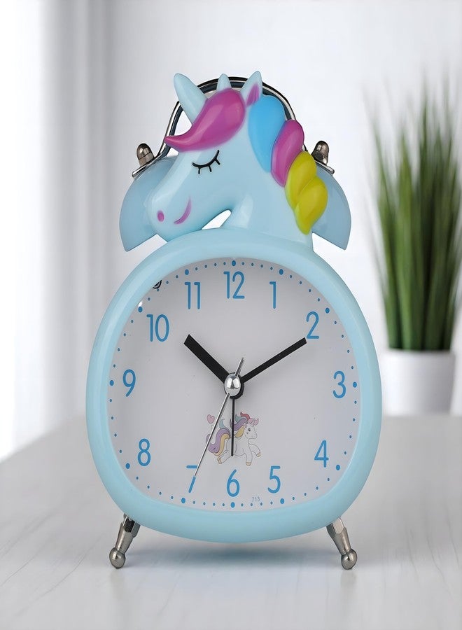 De'rons Twin Bell Analog Table Alarm Clock with Backlight for Heavy Sleepers Loud Alarm Clock for Students Funny Cute Cartoon Unicorn Shape Alarm Clock for Girls Kids Boys Bedroom 13.5 x 10 cm (Blue) - Image 1